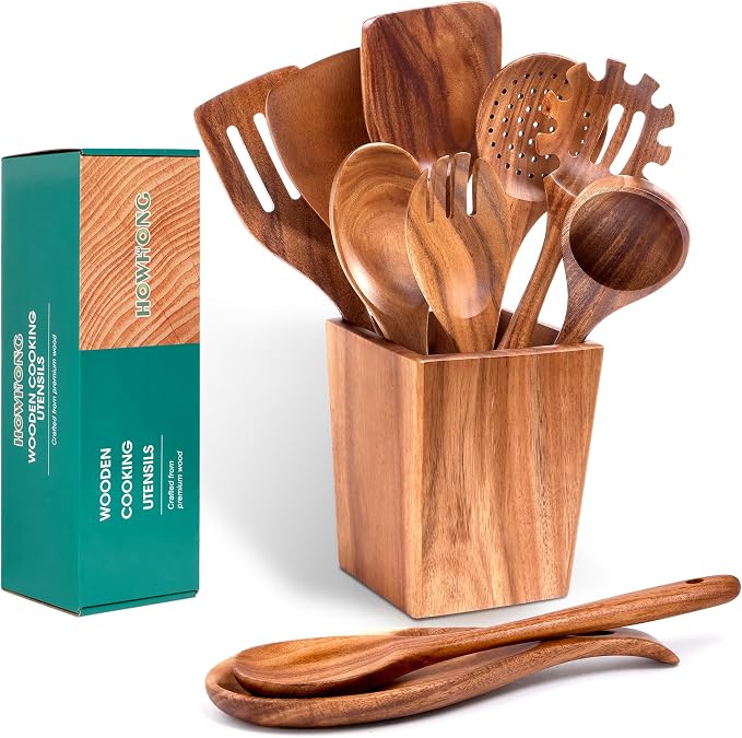 HOWHONG Wooden Spoons for Cooking, Premium Acacia Wood Kitchen Utensil Set by HOWHONG