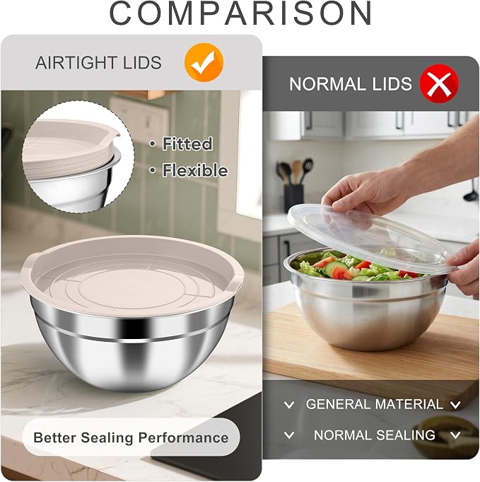 HaWare Mixing Bowls with Airtight Lids, 6-Piece Stainless Steel Salad Bowls - Image 5