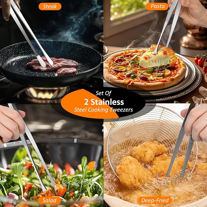 12-Inch Stainless Steel Kitchen Tongs Set, Straight & Round Edge Cooking - Image 5