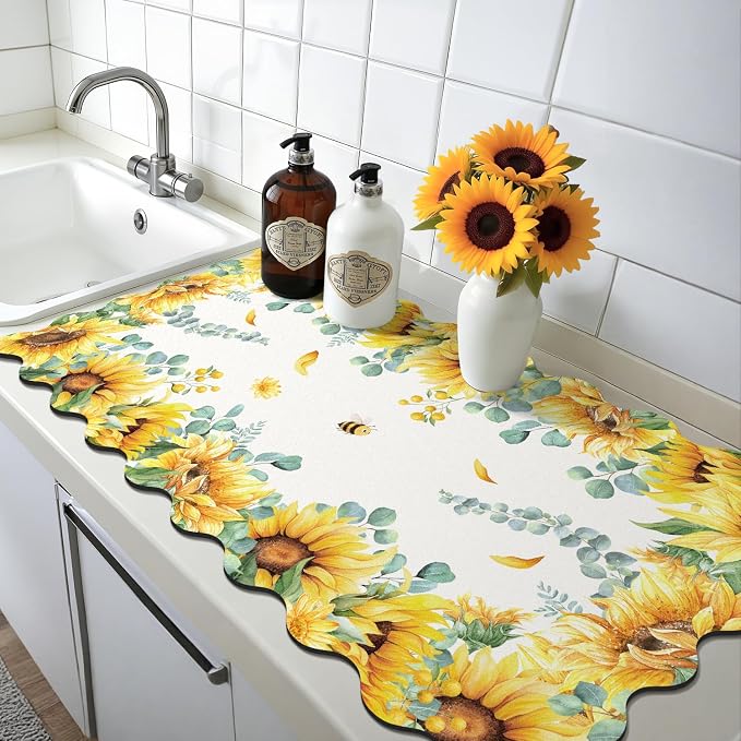 LOKHOM Scalloped Floral Dish Drying Mat, Cuttable Hide Stain Non-slip Drying Mat - Image 8