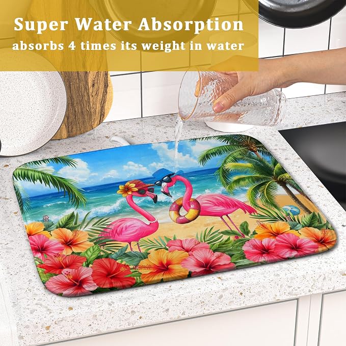 Summer Flamingos Dish Drying Mat 16x18 inch Tropical Beach Microfiber Washable - Image 7