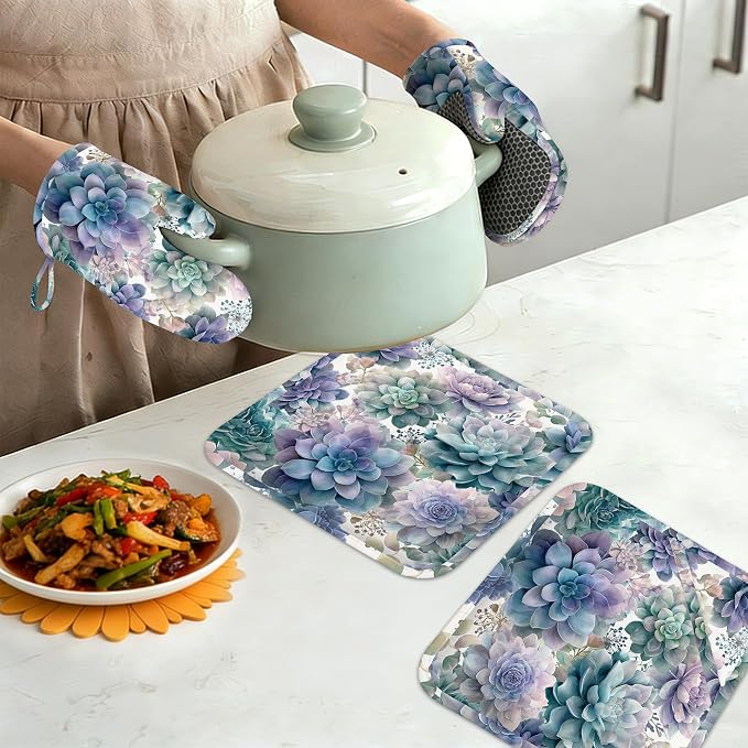 Succulent Botanical Floral Oven Mitts and Pot Holders Sets of 4, Heat Resistant - Image 7
