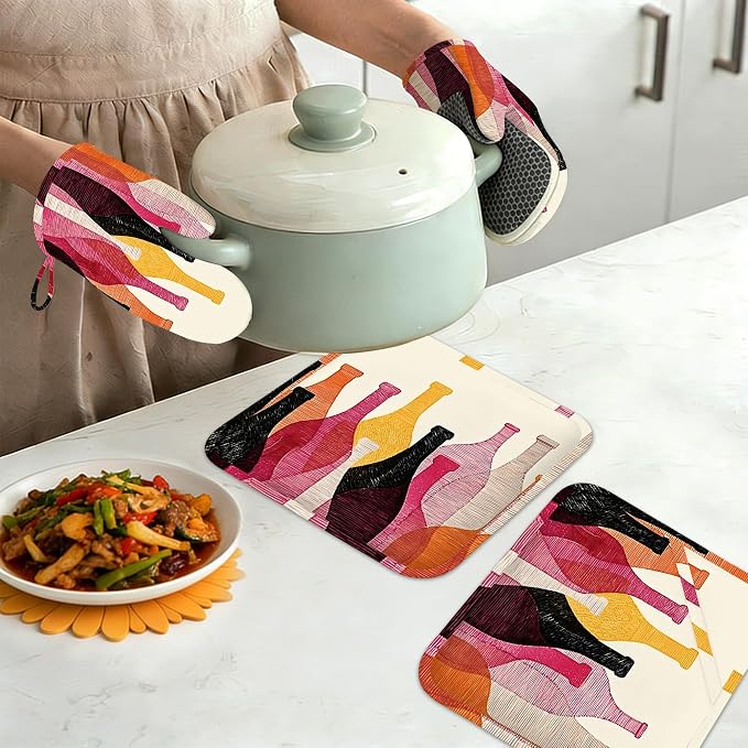 Red Wine Bottle Oven Mitts and Pot Holders Sets, Silicone Kitchen Mitts - Image 7