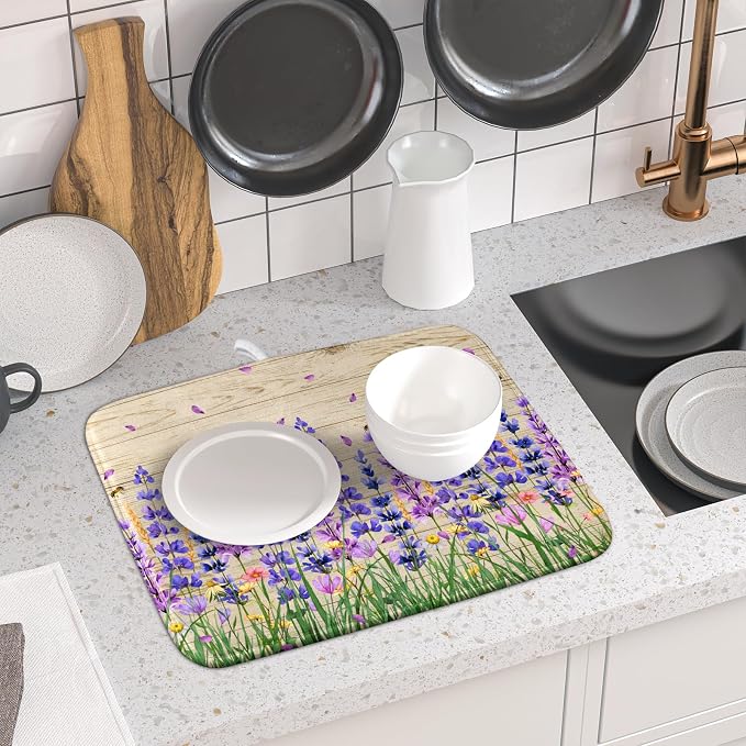 Lavender Floral Dish Drying Mat 16x18 inch Spring Summer Flower Decorative Fast - Image 6