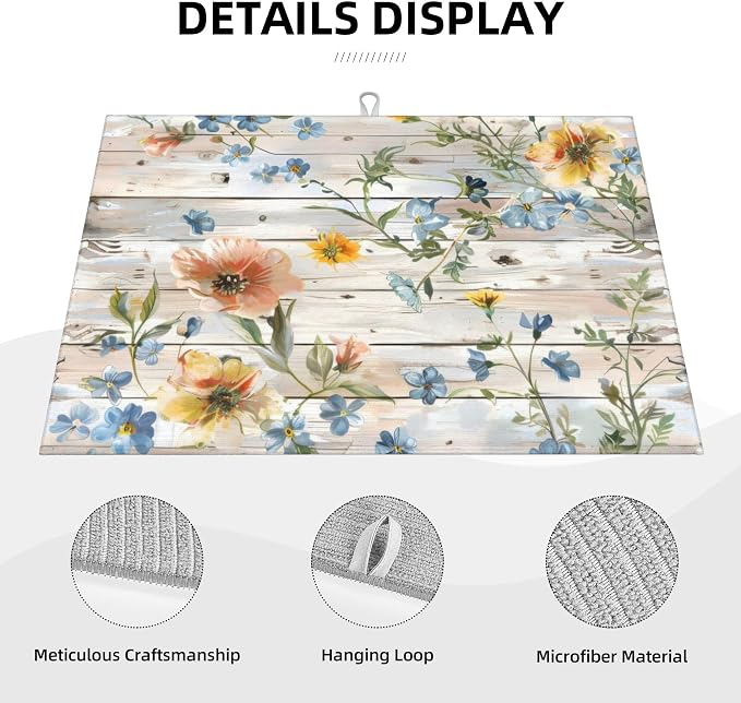 Flowers on Wooden Board Dish Drying Mat 18x24 Inch, Microfiber Absorbent Fast - Image 3