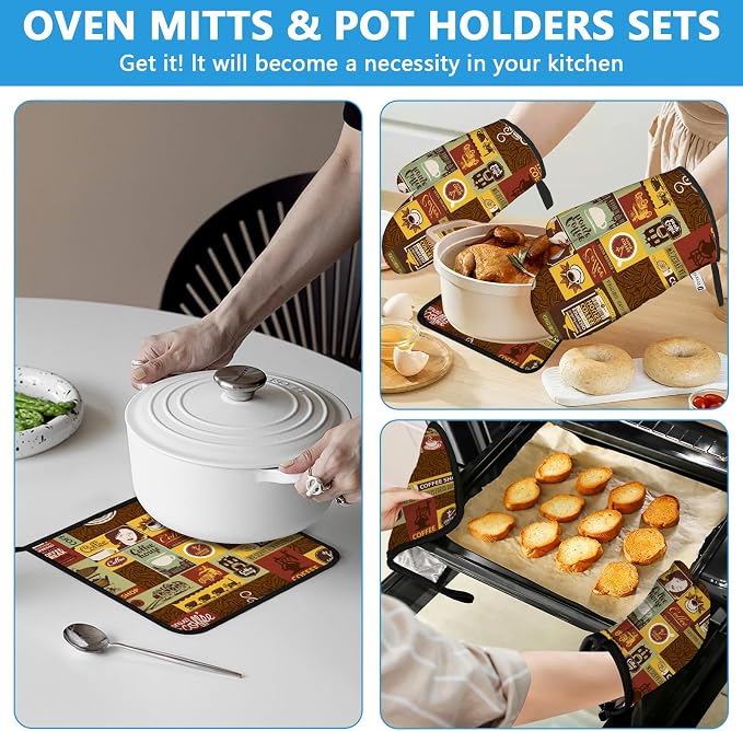 Coffee Theme Oven Mitts and Pot Holders Sets Heat Resistant 4Pcs Potholders - Image 6