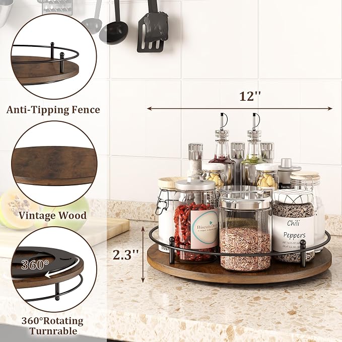 12" Lazy Susan Turntable Organizer, Round Wooden Lazy Susan Organization and - Image 3