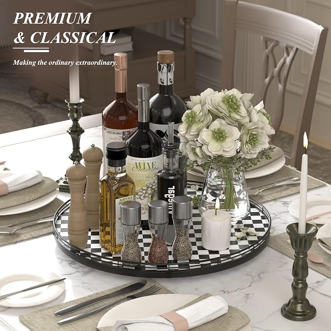 18" Black and White Kitchen Lazy Susan Turntable, Round Checkered Decorative - Image 3