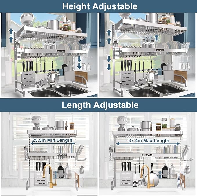 Over The Sink Dish Drying Rack, 3 Tier Adjustable Length Full Stainless Steel - Image 4