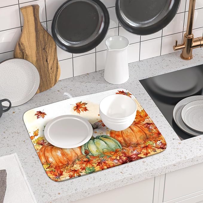 Fall Dish Drying Mat for Kitchen Counter 16×18 Inch Orange Pumpkin Drainer Pad - Image 6