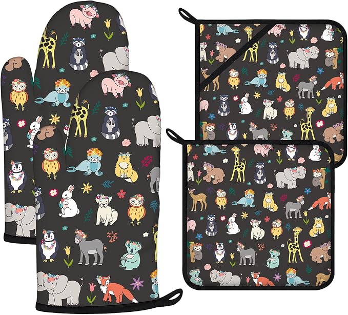 Cute Animals Oven Mitts and Pot Holders Sets 4Pcs, Extra Long Oven Gloves by VisittheDuibelproduct