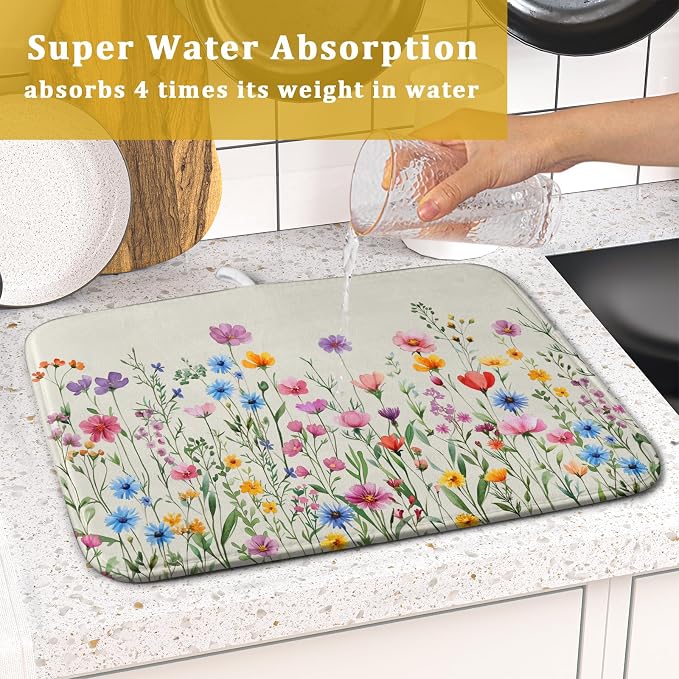 Giwawa Spring Floral Dish Drying Mat 16"x18" Watercolor Summer Wildflower Dish - Image 7