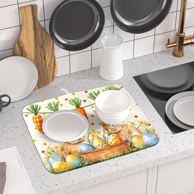 Giwawa Easter Bunny Dish Drying Mat Eggs Carrot Dishes Drainer Pad Absorbent - Image 6