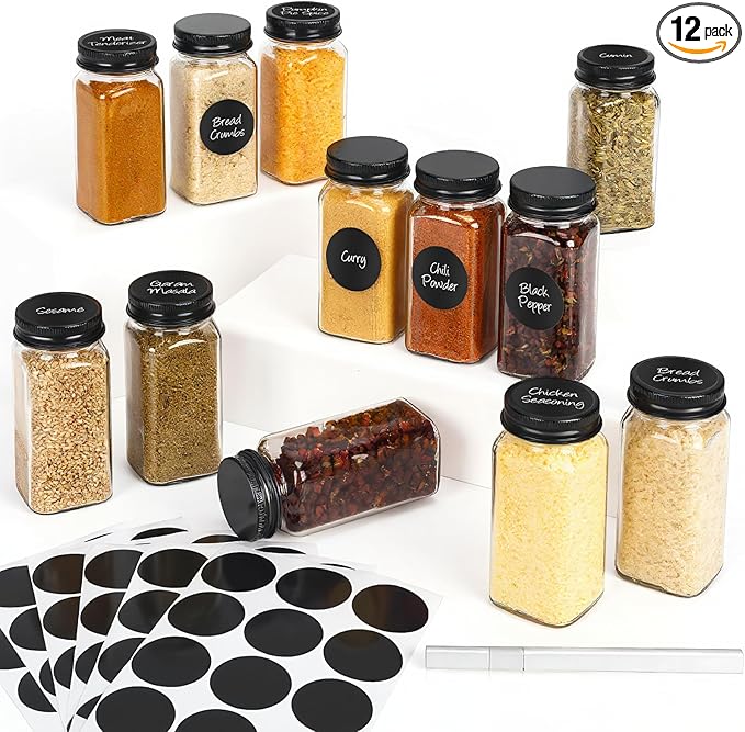 12Pcs Spice Jars with Label, 4oz Empty Square Seasoning Containers, Spice Jars by DIDITIME