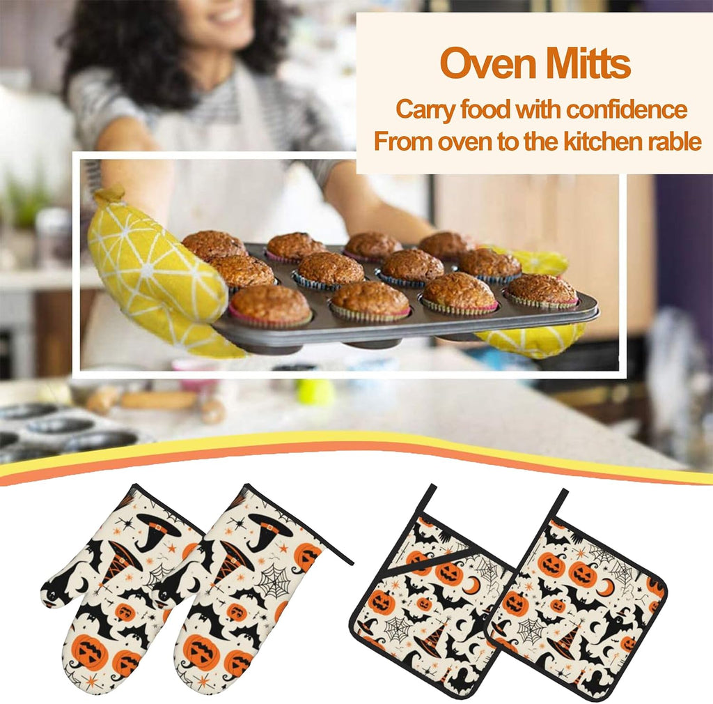 Halloween Pumpkin Bat Pattern Oven Gloves and Hot Pads Set - Heatproof