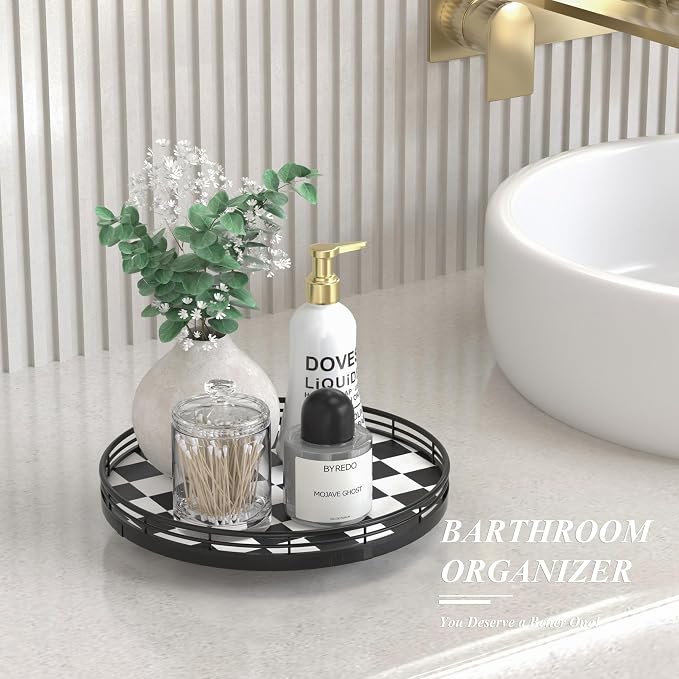 Black and White Kitchen Lazy Susan Turntable – Checkered Round Decorative Tray - Image 3