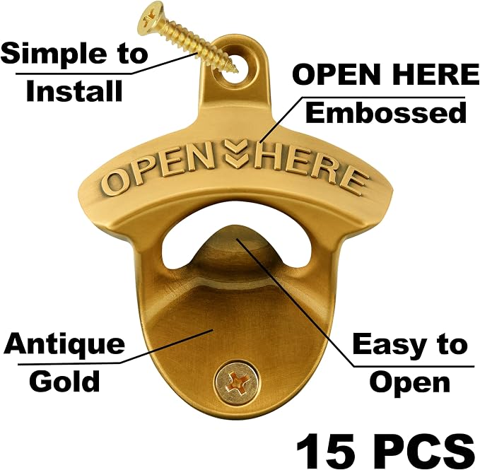 15 PCS Aged Gold Bottle Opener Wall Mounted Beer Cap Opener Mountable Bulk - Image 2