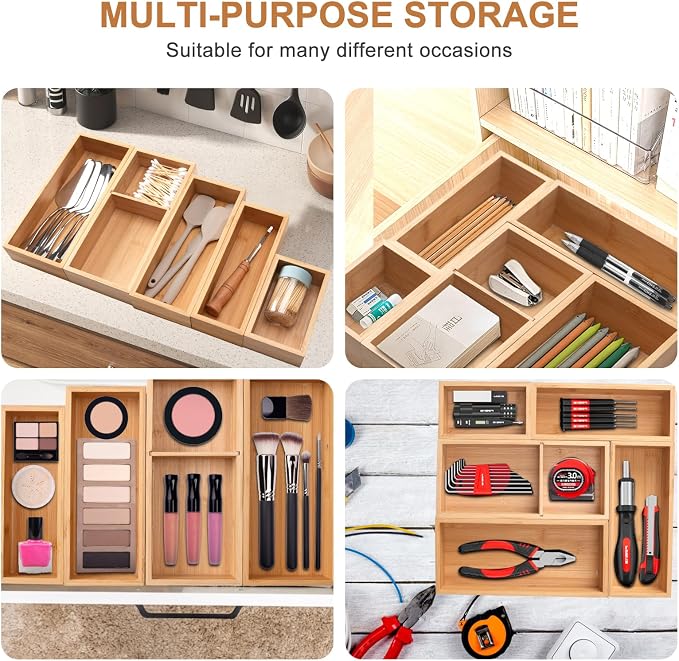 Bamboo Drawer Organizer 5 Pcs for Kitchen Multi-purpose Storage Dividers for - Image 9
