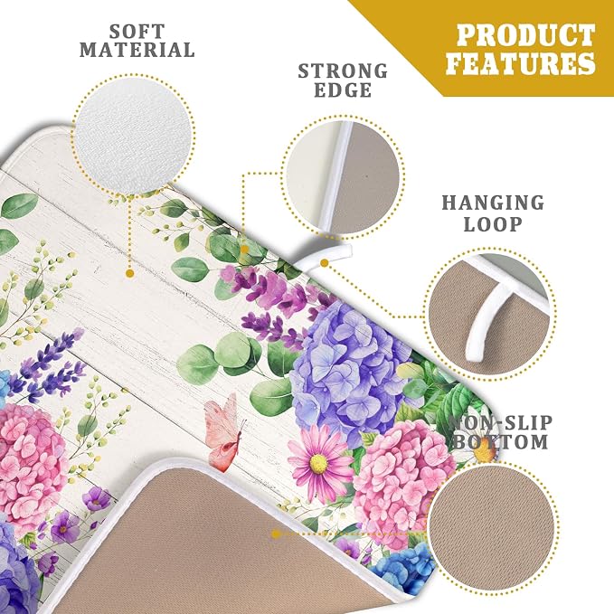 Hydrangea Floral Dish Drying Mat 16x18 inch Spring Summer Decorative Fast Dry - Image 4