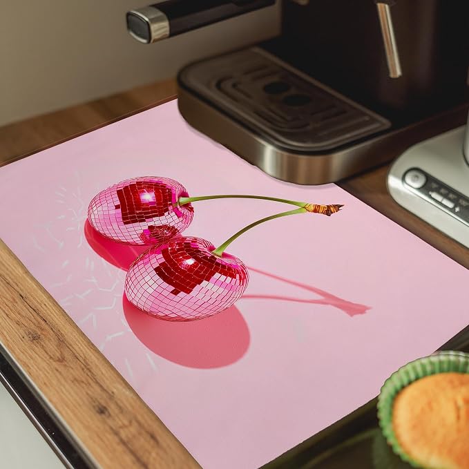 Pink Cherry Disco Ball Dish Drying Mat, Preppy Glam Cherries Coffee Bar Mat - Image 5