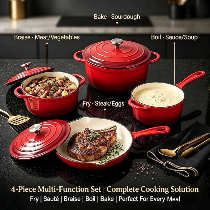 QuliMetal Enameled Cast Iron Cookware Set, 4-Piece Pots and Pans Set - Image 7