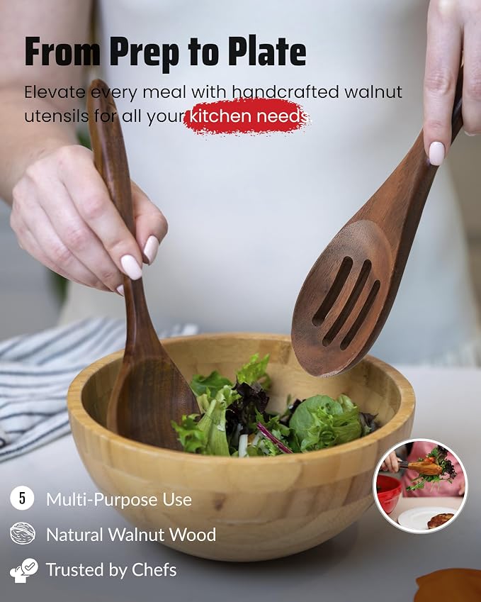 Elegant 5-Piece Walnut Wood Kitchen Utensil Set – Non-Scratch, Heat-Resistant - Image 5