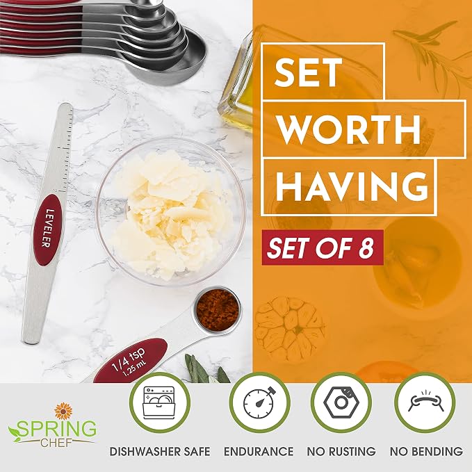 Spring Chef Red Stainless Steel Magnetic Measuring Spoons Set of 8 - Image 3