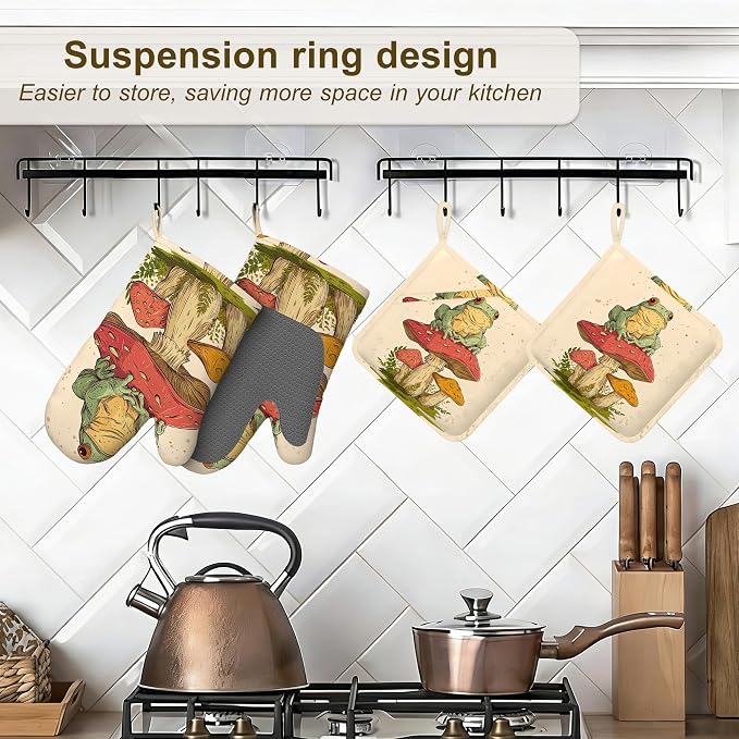 Green Frog Oven Mitts and Pot Holders Sets, Silicone Mushroom Kitchen Mitts - Image 5
