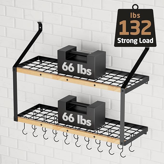 KES 132lb Heavy Duty Hanging Pot Rack Wall Mounted, 34 Inch Solid Wood Pot Rack - Image 3