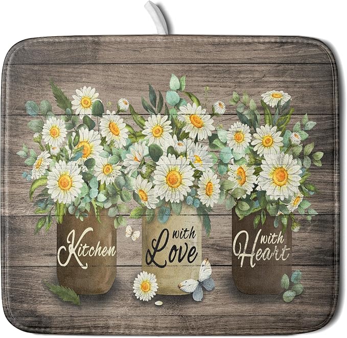 Flower Vase Dish Drying Mats 16x18 Inch Rustic Wood Reversible Microfiber by Giwawa