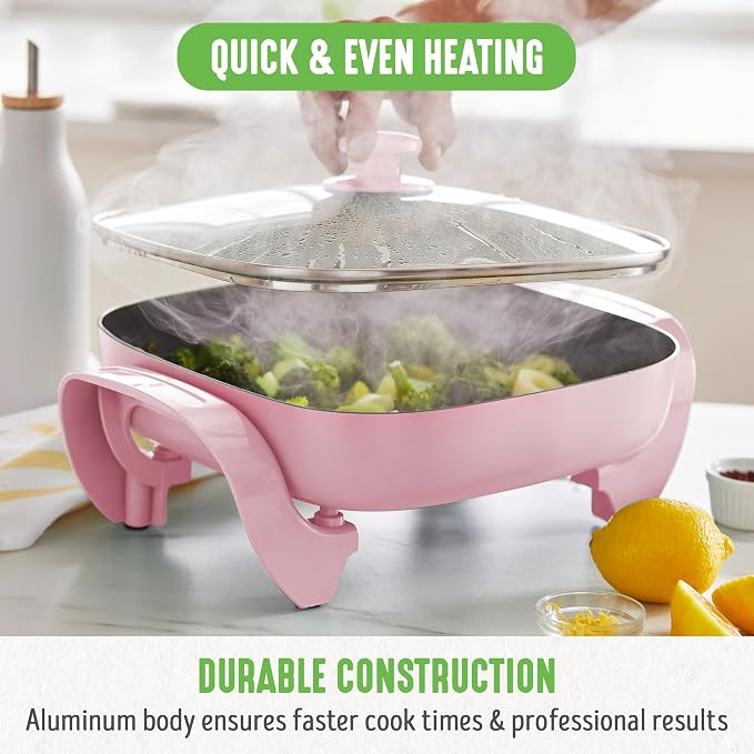 GreenLife12" 5QT Square Electric Skillet, Glass Vented Lid, Ceramic PFAS-Free - Image 6
