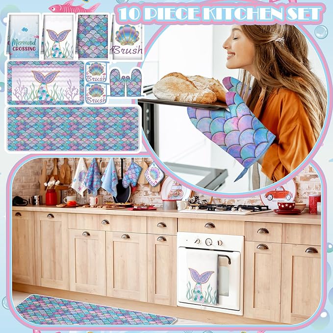 Fourluoo 10 Pcs Mermaid Kitchen Dish Towels Rugs Oven Mitts and Pot Holders Set - Image 2