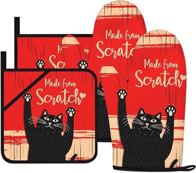 Funny Cat Oven Mitts and Pot Holders Sets Red Black Kitchen Decor Cute Cat by HAISUKA