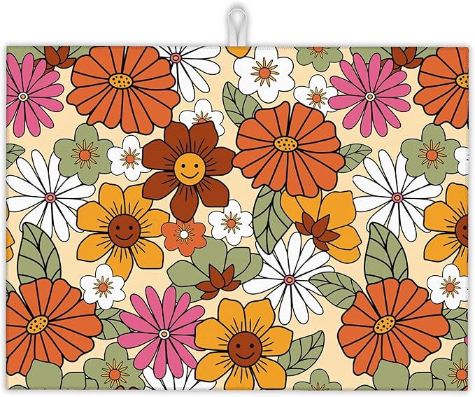 Retro 70s Groovy Flowers Dish Drying Mats 18x24 Inch, Daisy Boho Dish Pad by UIUPRO