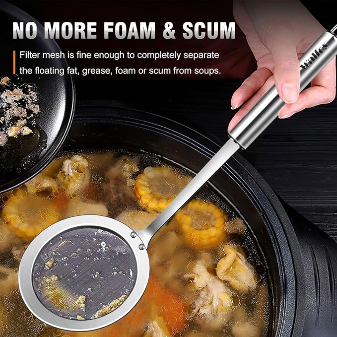Walfos Fine Mesh Strainer and Fat Skimmer Spoon Set, 304 Stainless Steel Fat - Image 6