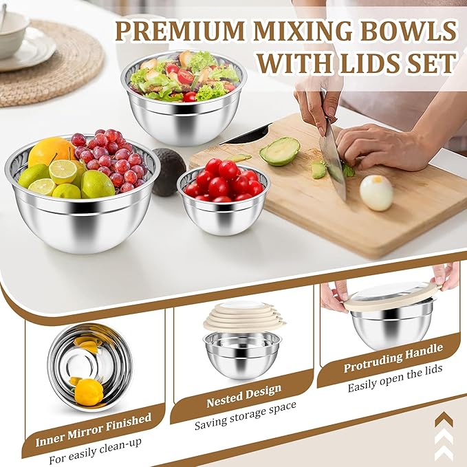 P&P CHEF Mixing Bowls with Visible Airtight Lids Set of 5, 10-Piece Stainless - Image 5
