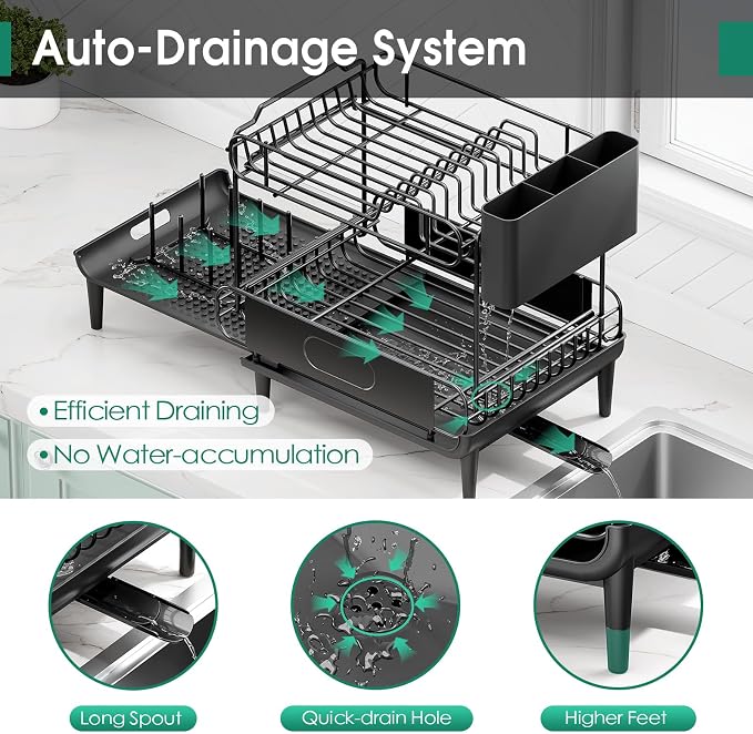 Urackify Dish Drying Rack for Kitchen Counter, Expandable 2 Tier Dish Rack - Image 5
