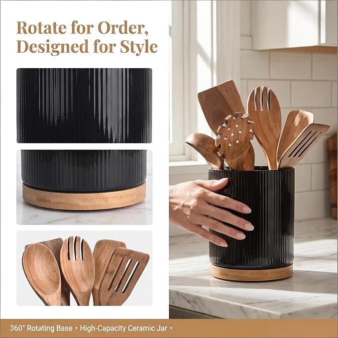 QUELIEN Utensil Holder, 360° Rotating Ceramic Kitchen Utensil Holder - Image 5