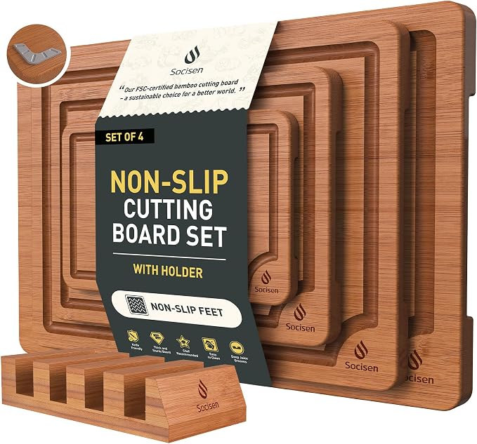 Bamboo Cutting Board Set Non Slip Feet by Socisen