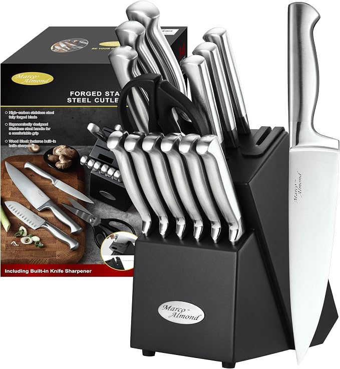 Marco Almond® Knife Set with Block KYA28, 14 Pieces Stainless Steel Chef by MarcoAlmond