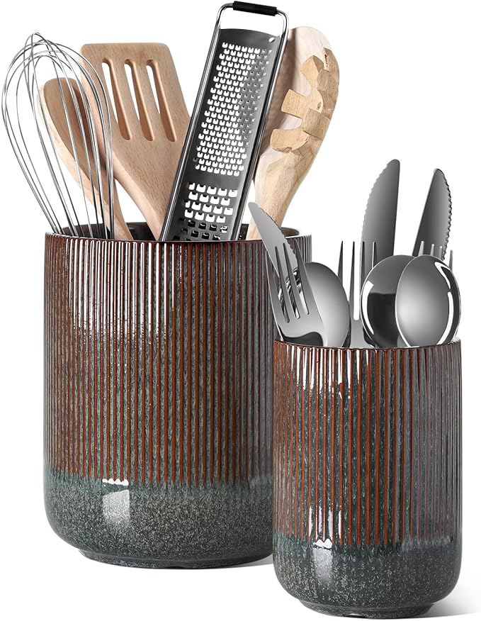 LE TAUCI Utensil Holder for Kitchen Counter, 7.3"+5.4" Fluted Ceramic Utensil by LETAUCI