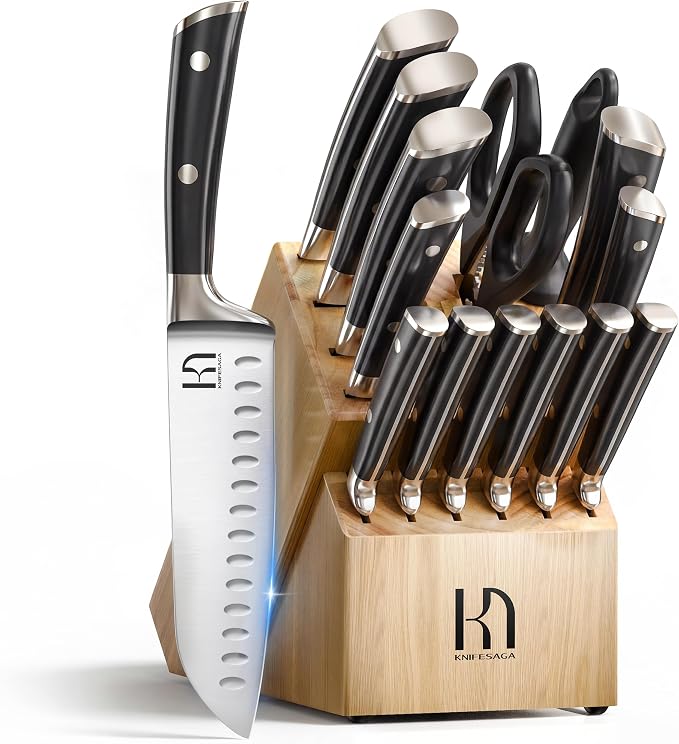 KnifeSaga Knife Set with Block, Japanese 15 PCS Ultra Sharp Ktichen Knives Set by PushBoundariesforSharpness
