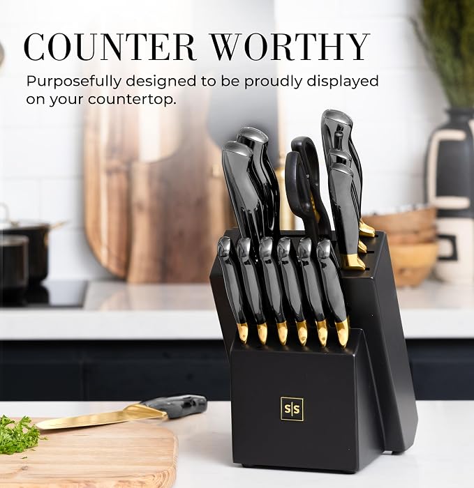 Black and Gold Knife Set with Block and Sharpener – 14-Piece Full Tang Golden - Image 2