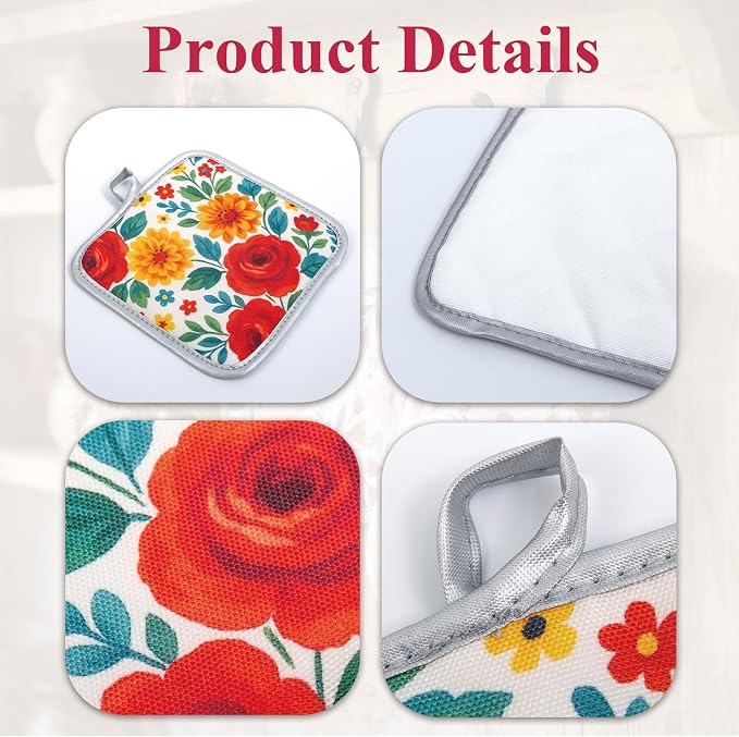 Floral Oven Mitts and Pot Holders Sets 2 Pcs, Canvas Heat Resistant Kitchen - Image 4