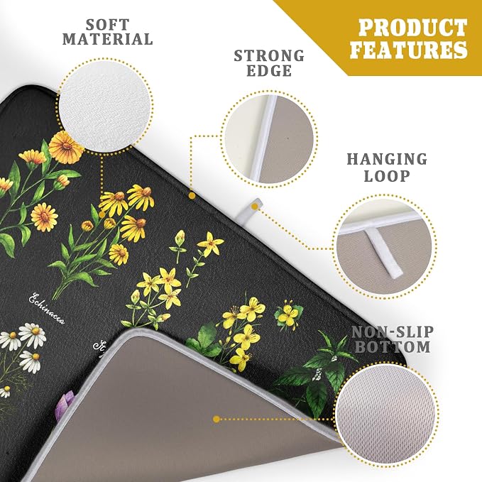 Black Flower Herbs Dish Drying Mat 18x24 Inch Botanical Floral Microfiber - Image 4
