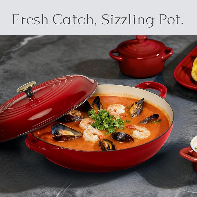 CAROTE 3.4QT Enameled Cast Iron Braiser Pan, Shallow Dutch Oven Casserole - Image 4