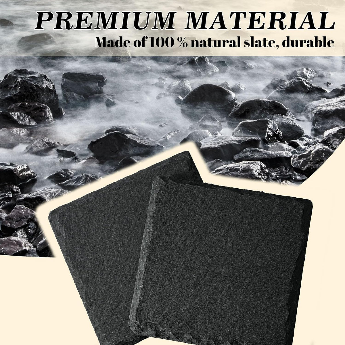 4 Inch Square Black Slate Stone Drink Coasters Set of 12