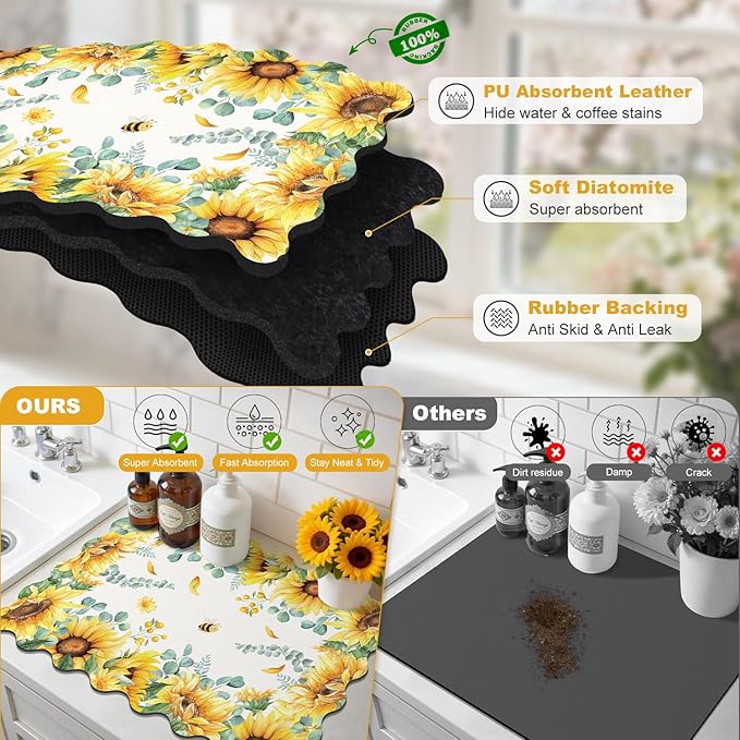 LOKHOM Scalloped Floral Dish Drying Mat, Cuttable Hide Stain Non-slip Drying Mat - Image 6