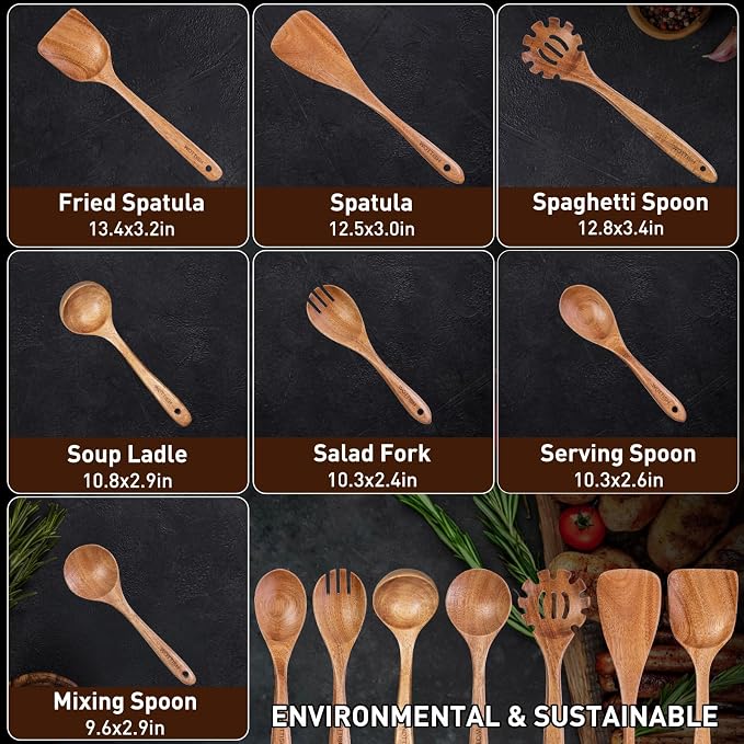 Wooden Utensil Set, WOTTISH 7Pcs Nonstick Wood Spatula, Wooden Kitchen Utensils - Image 3