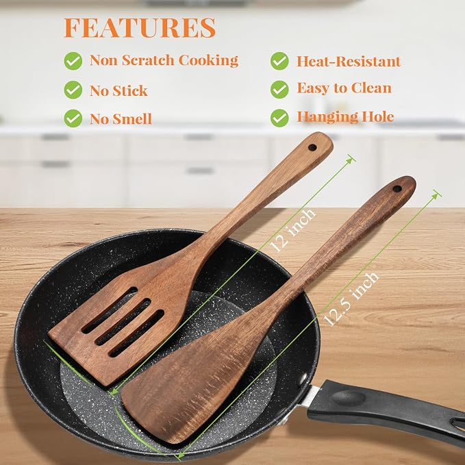 3Pcs Wooden Spatulas, Acacia Wood 12inch Long Handle Flat Frying Turner - Image 6